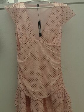 Motel Rocks Pink Polka Dot V-Neck Ruffle Mini Dress